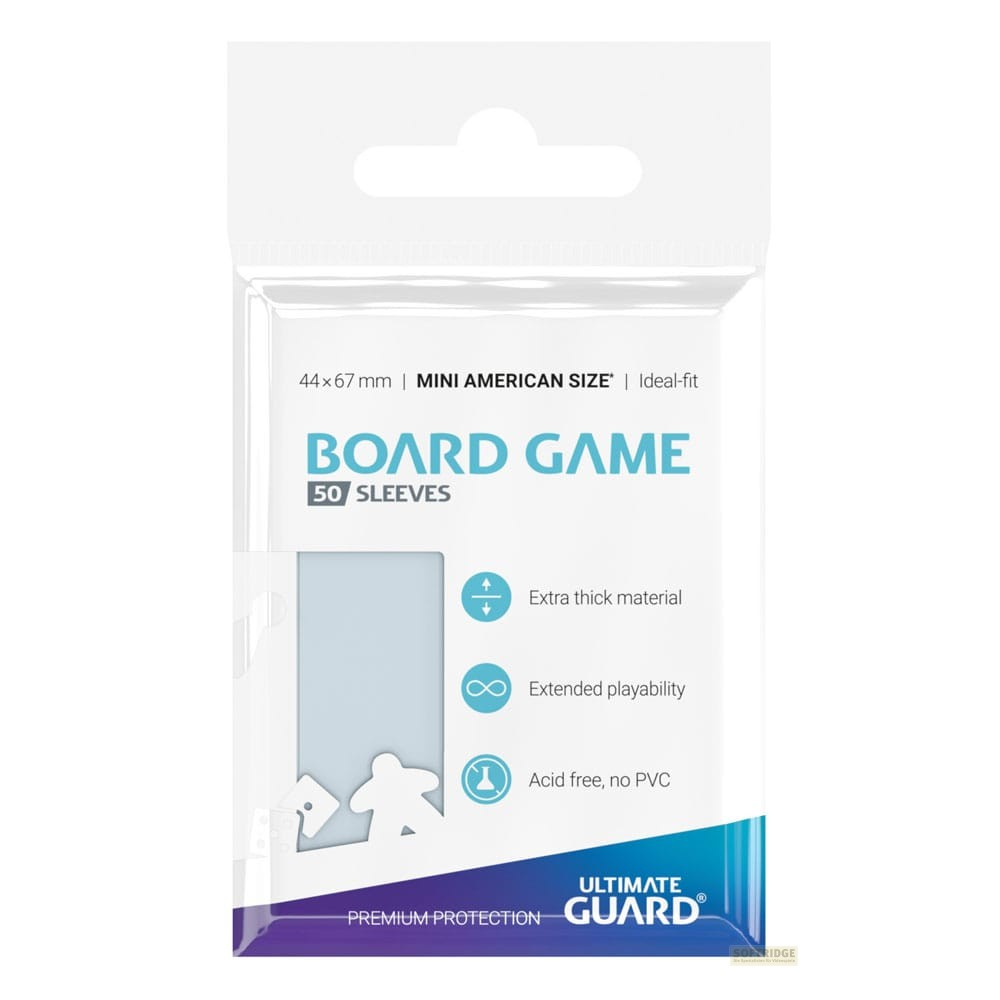 Un paquet de 50 protège-cartes de jeu de société taille Mini American avec icônes.