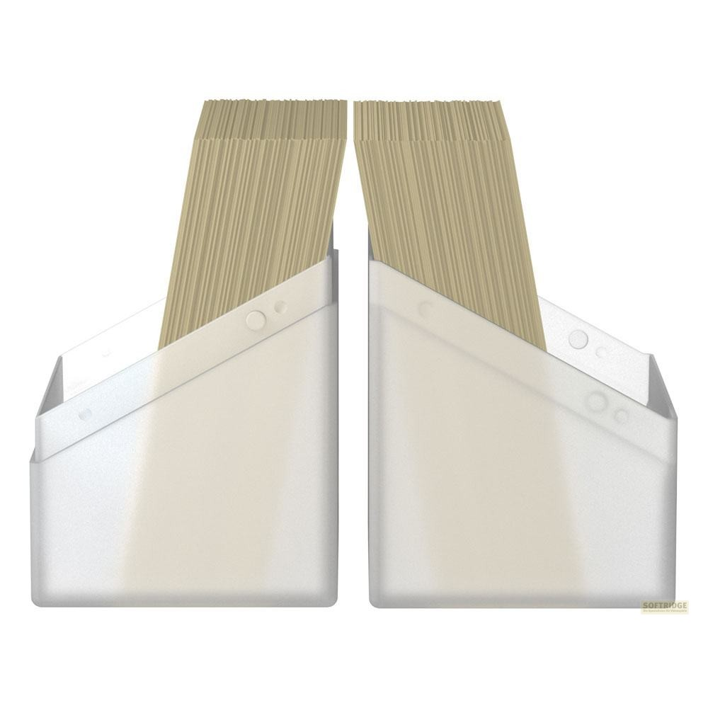 Deux supports en plastique blanc remplis de serviettes en papier marron sur fond blanc.