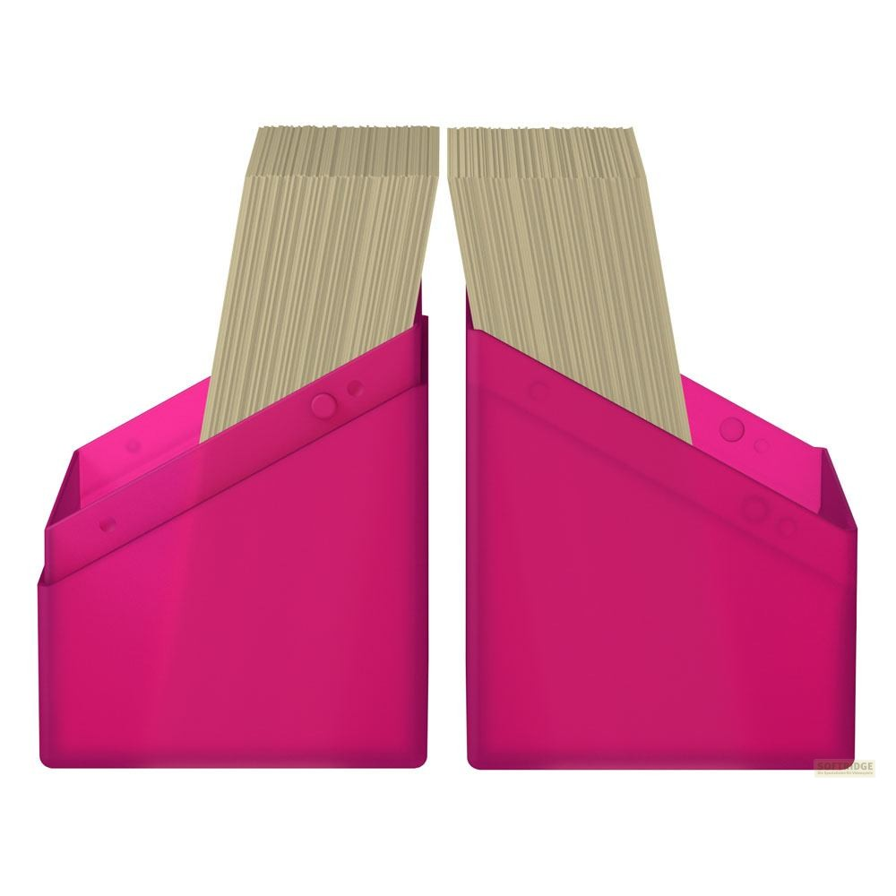 Deux porte-revues de bureau roses remplis de documents sur fond blanc.