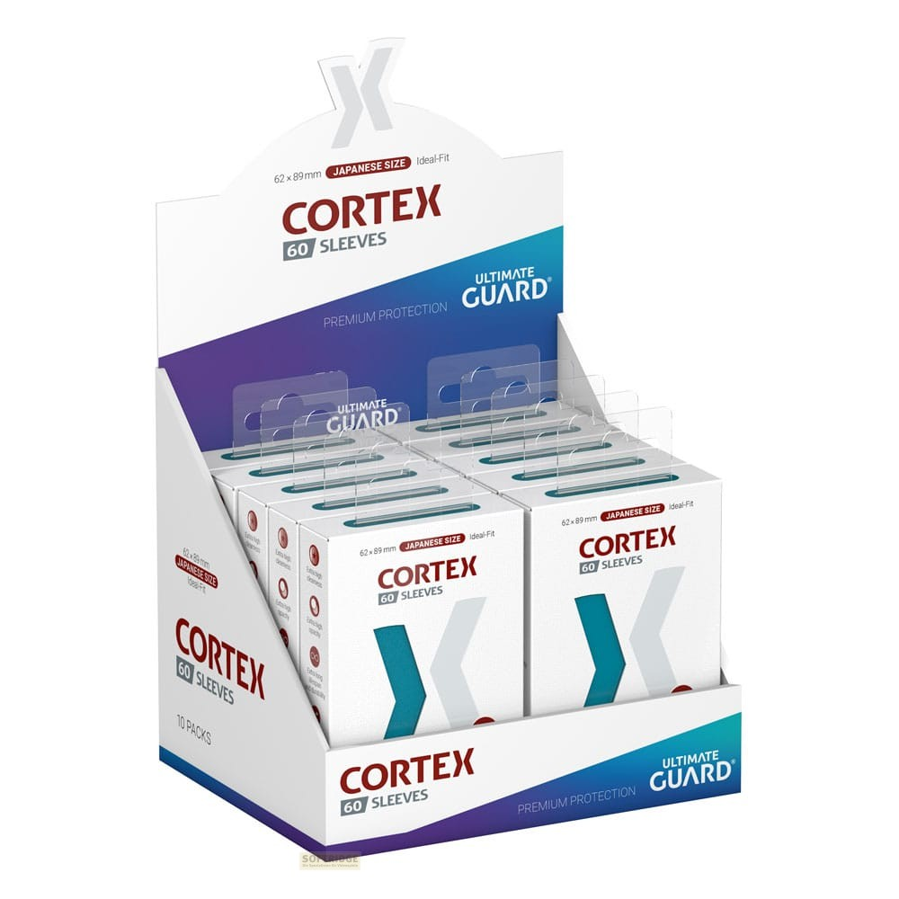 Boîte de présentation remplie de protège-cartes Ultimate Guard Cortex de taille japonaise.