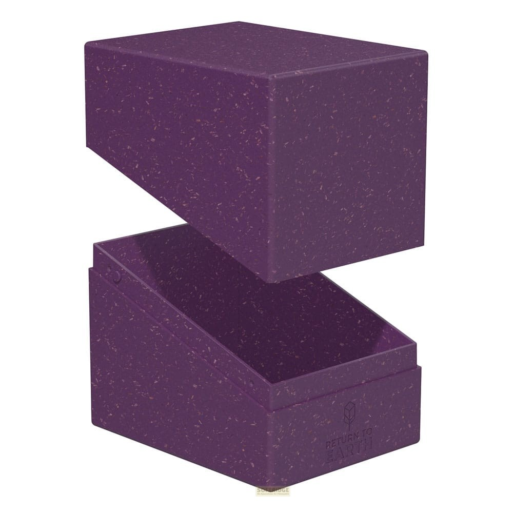 Boîte de rangement violette mouchetée avec son couvercle retiré.
