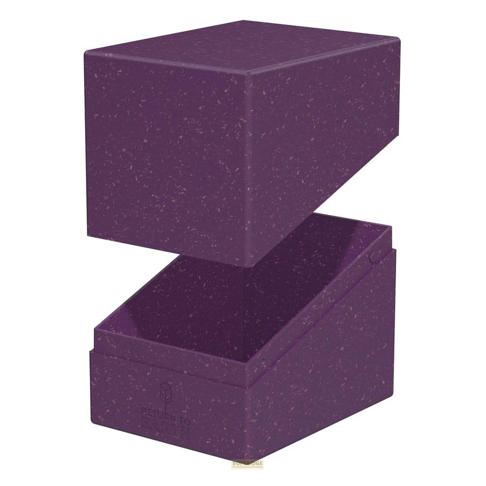 Boîte violette mouchetée avec face avant inclinée et base ouverte.