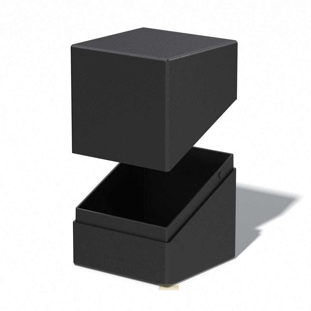 Une boîte de rangement noire avec le couvercle légèrement ouvert sur fond blanc.