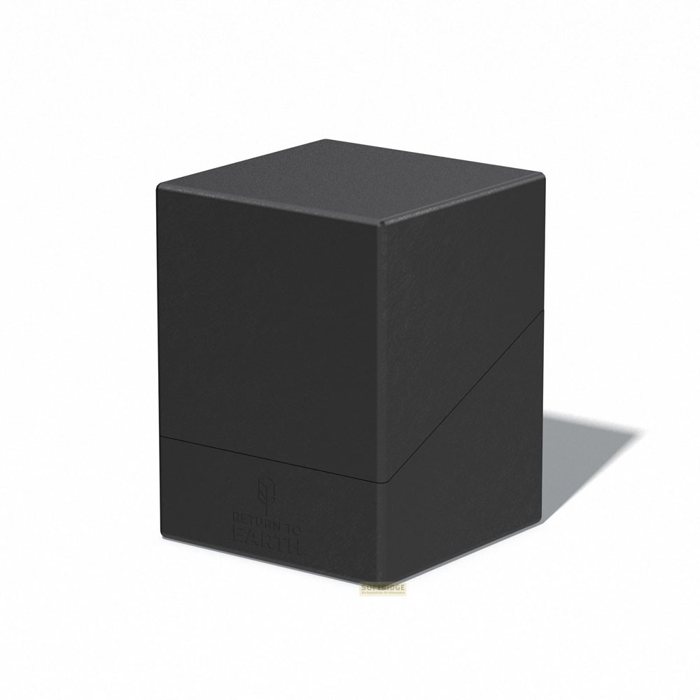 Une boîte de rangement noire mate avec le texte RETURN TO EARTH sur le devant sur fond blanc.