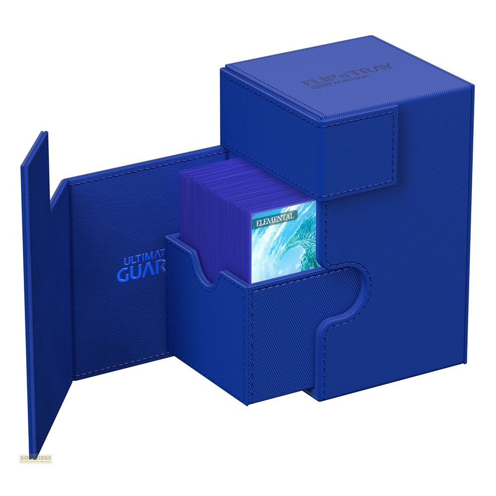 Boîte de jeu de cartes bleue avec un plateau ouvert contenant des cartes.