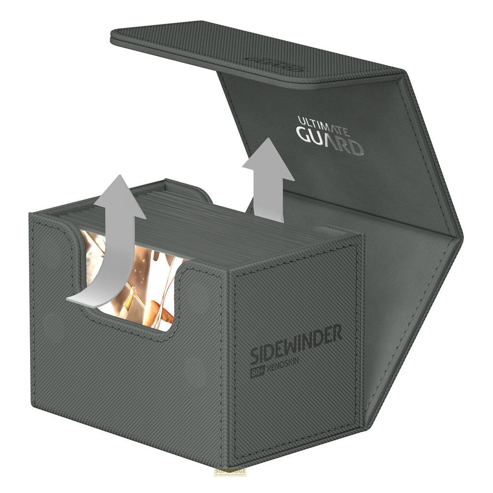 Boîte de deck Ultimate Guard Sidewinder grise avec couvercle ouvert et flèches vers le haut.