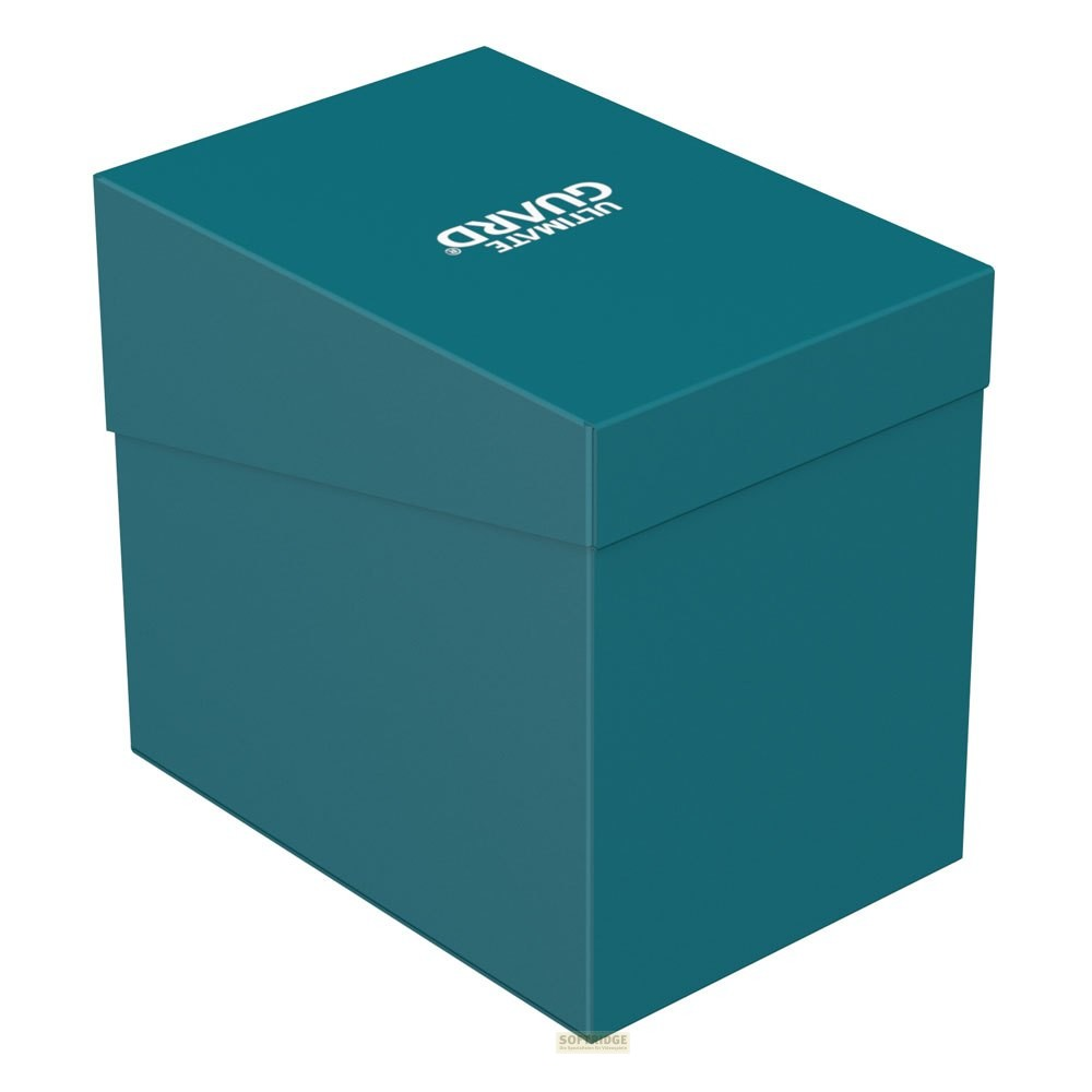 Une boîte de pont turquoise fermée d'Ultimate Guard avec un logo blanc sur le couvercle.