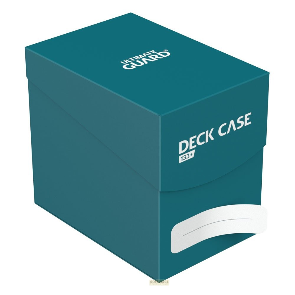 Boîte turquoise Ultimate Guard Deck Case 133+ avec étiquette blanche.