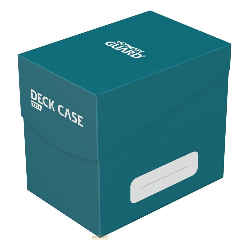Une boîte de deck turquoise Ultimate Guard Deck Case 133+ avec logo blanc et étiquette sur fond blanc.