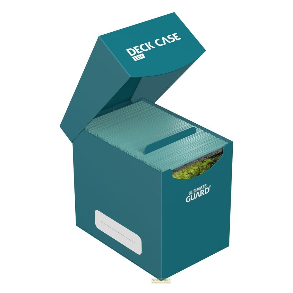 Boîte de deck Ultimate Guard turquoise avec couvercle ouvert et cartes à collectionner.