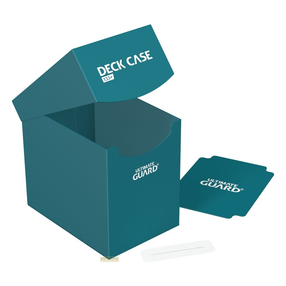 Boîte de deck Ultimate Guard turquoise ouverte avec couvercle, séparateur et étiquette.