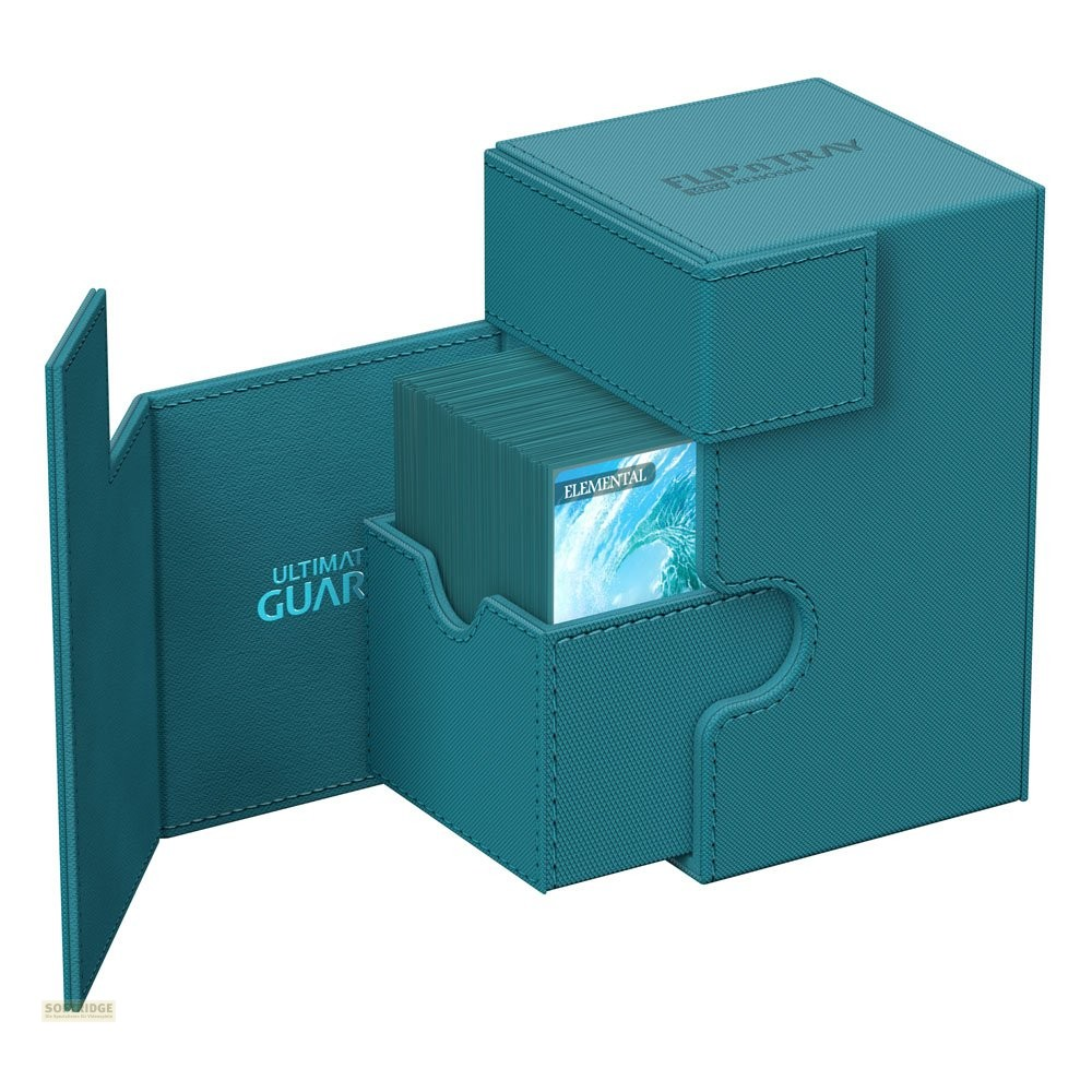Une boîte à cartes turquoise en similicuir, ouverte avec un jeu de cartes à l'intérieur.