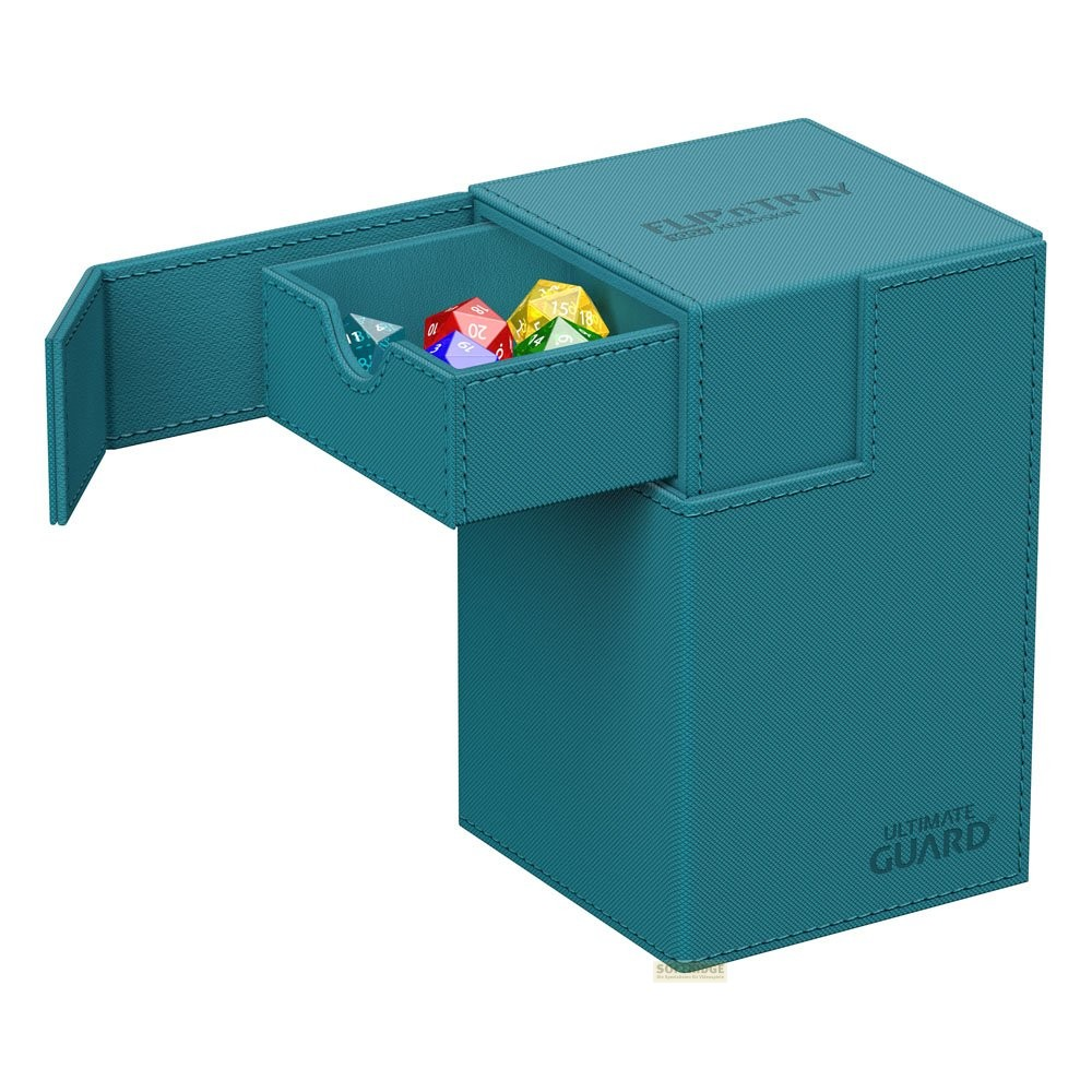 Une boîte de deck en similicuir turquoise avec un tiroir à dés ouvert révélant des dés colorés, sur fond blanc.