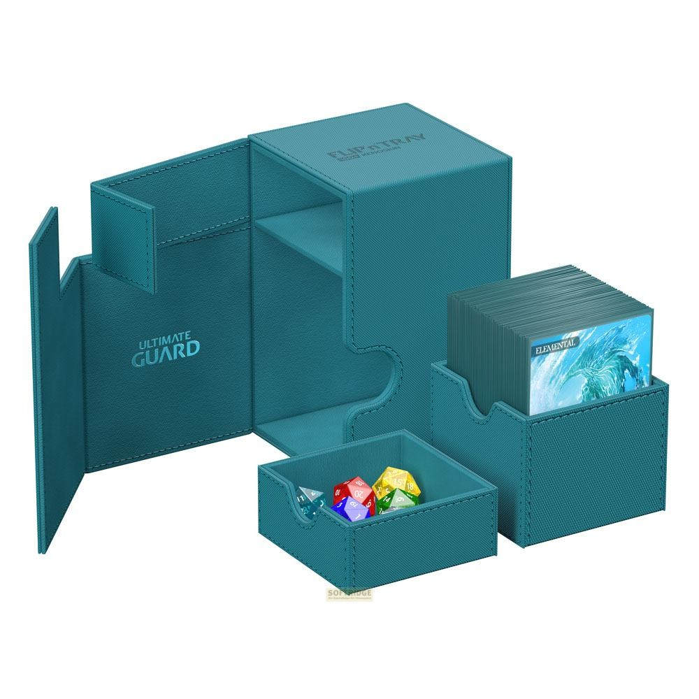 Boîte de deck turquoise avec compartiments ouvrants, un deck de cartes et des dés colorés.