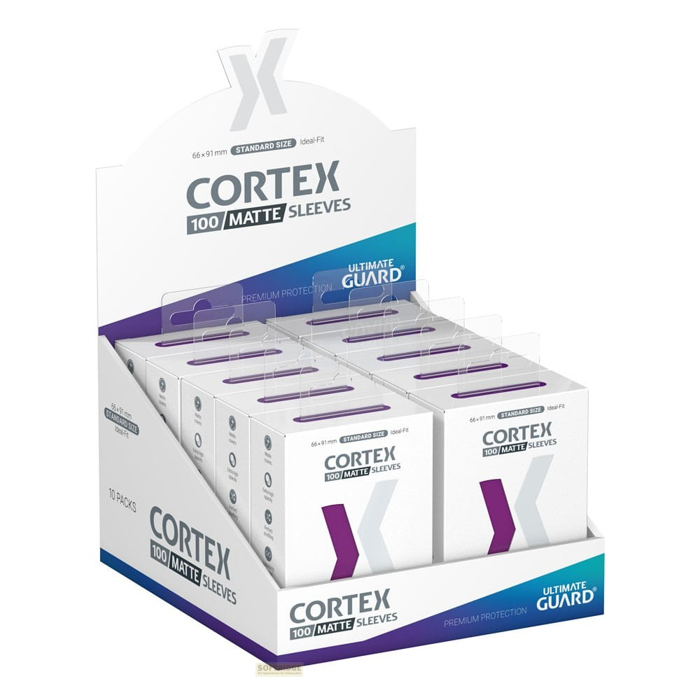 Un présentoir contenant dix paquets de protège-cartes Cortex Matte d'Ultimate Guard en blanc et violet.