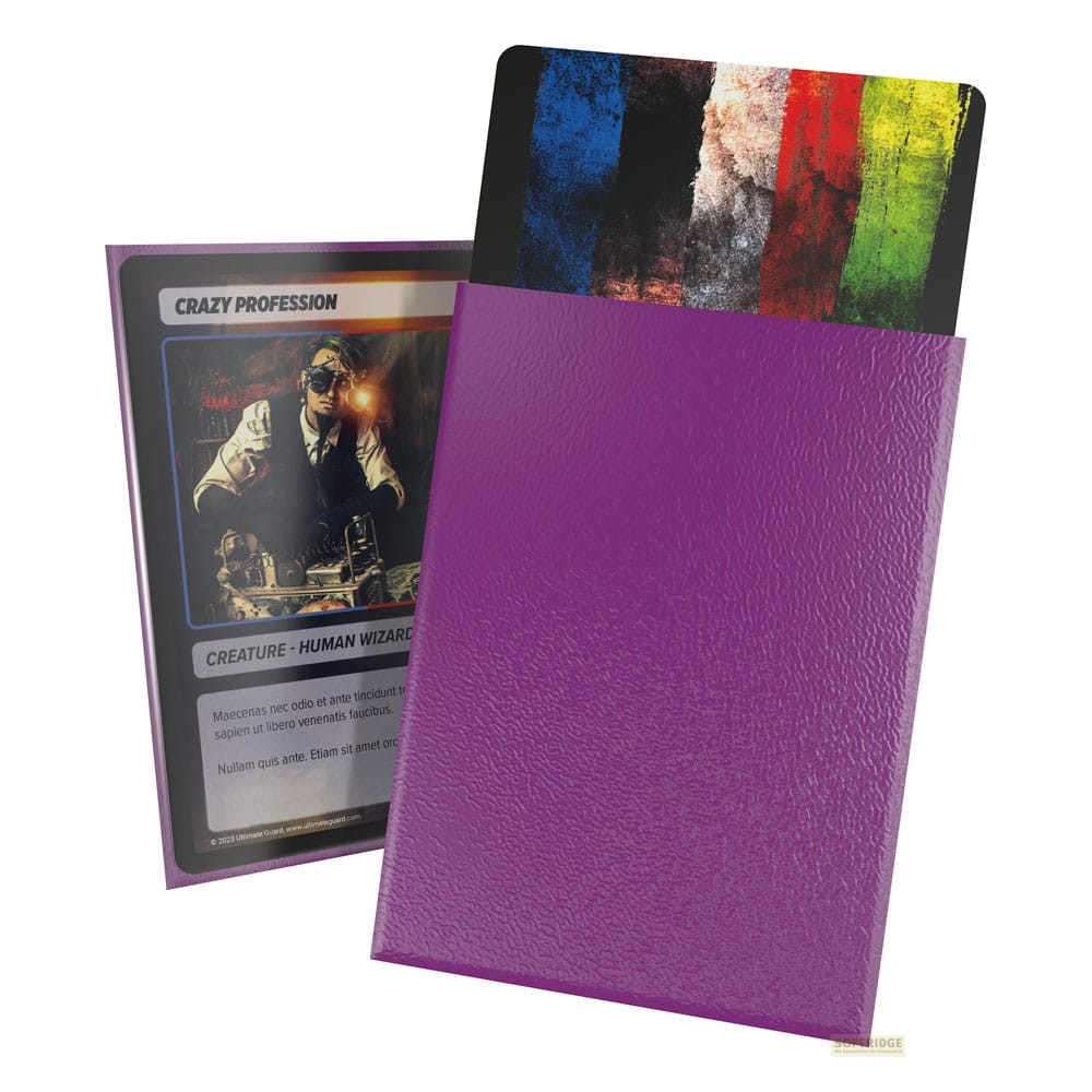 Une boîte de jeu violette avec une carte montrant un sorcier humain et une autre aux rayures colorées.