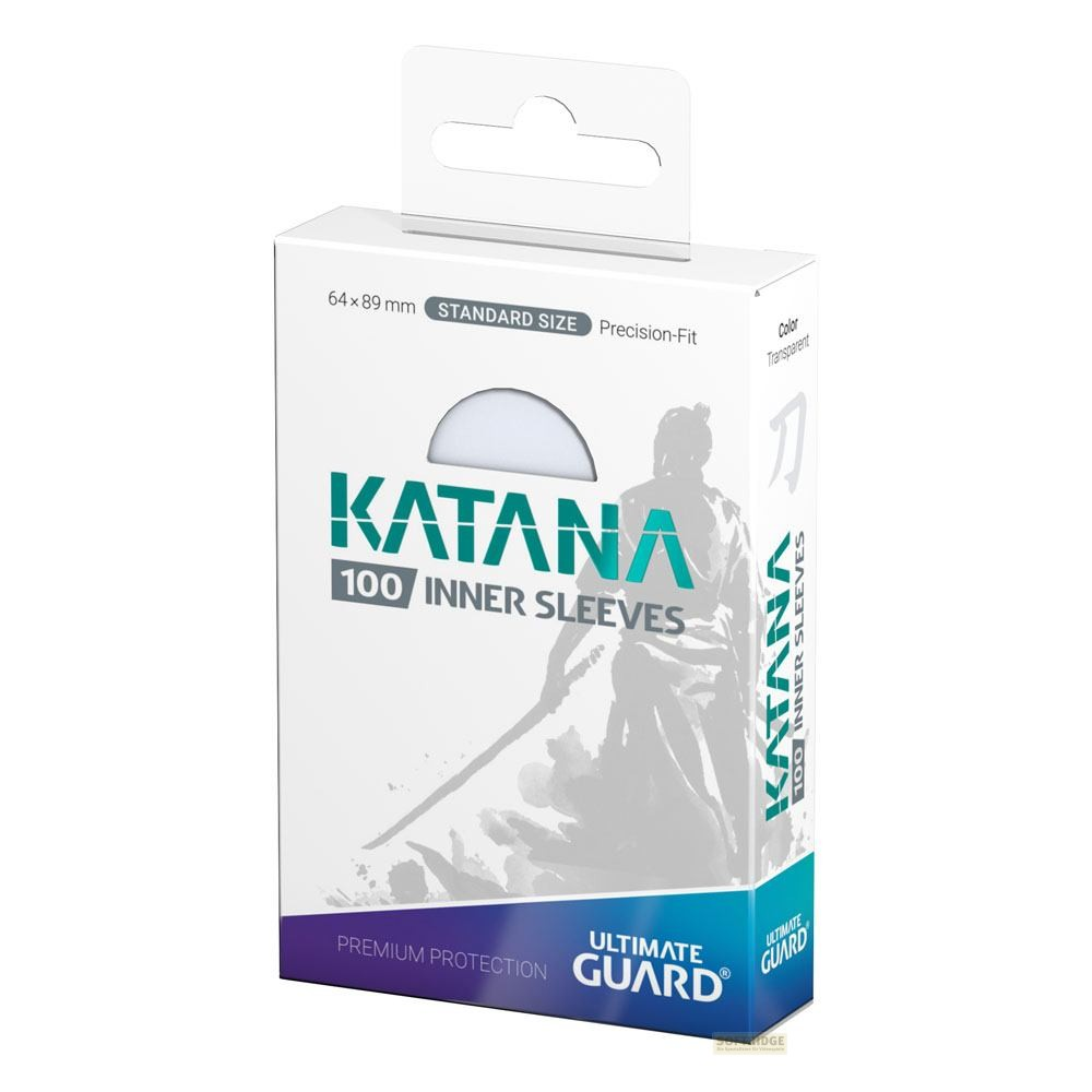 Boîte blanche pour protège-cartes Ultimate Guard Katana avec une silhouette de samouraï.