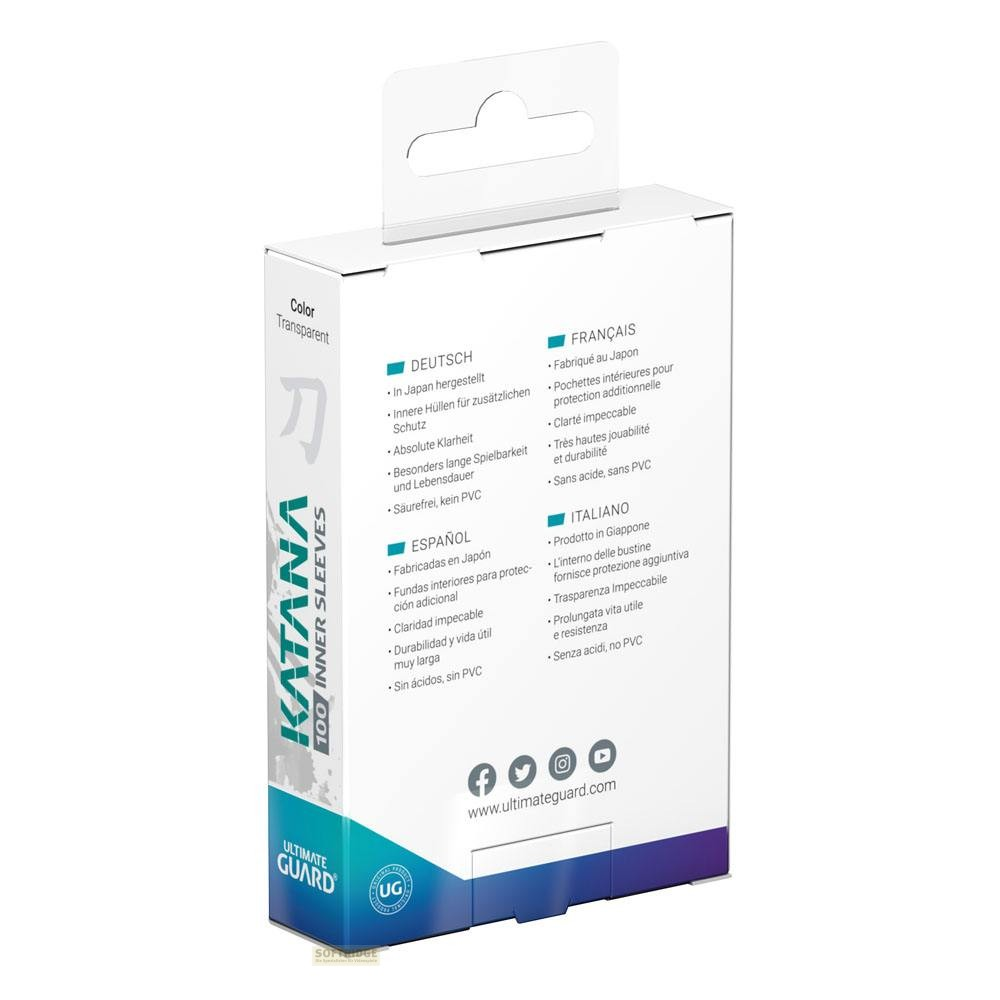 Dos d'une boîte de protège-cartes Katana blanc et turquoise avec du texte en plusieurs langues.