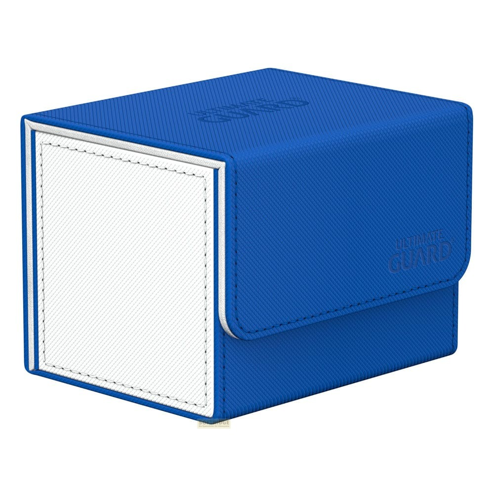 Une boîte à cartes bleue avec une face blanche et le logo Ultimate Guard en relief sur fond blanc.