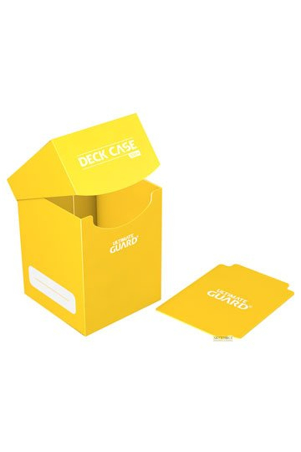 Une boîte de deck Ultimate Guard jaune vif avec un couvercle ouvert et un séparateur assorti à côté sur fond blanc.