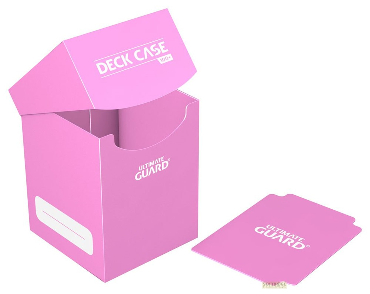 Un boîtier de deck rose Ultimate Guard ouvert, avec son couvercle levé et une carte de séparation rose proche sur fond blanc.