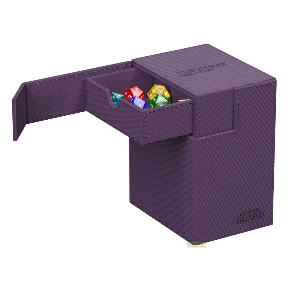 Une boîte de deck violette en similicuir avec tiroir ouvert contenant des dés colorés.