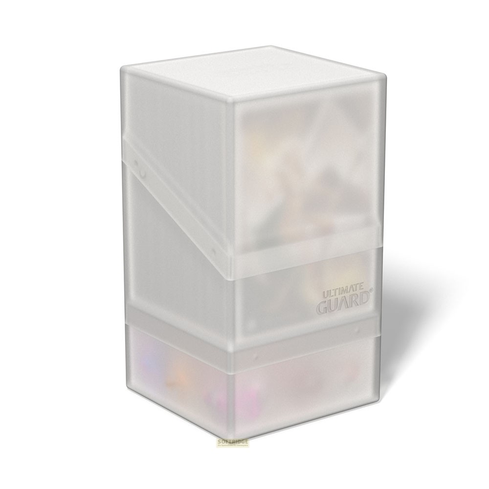Boîte Ultimate Guard blanche translucide avec porte-deck intégré et compartiment de rangement sur fond blanc.