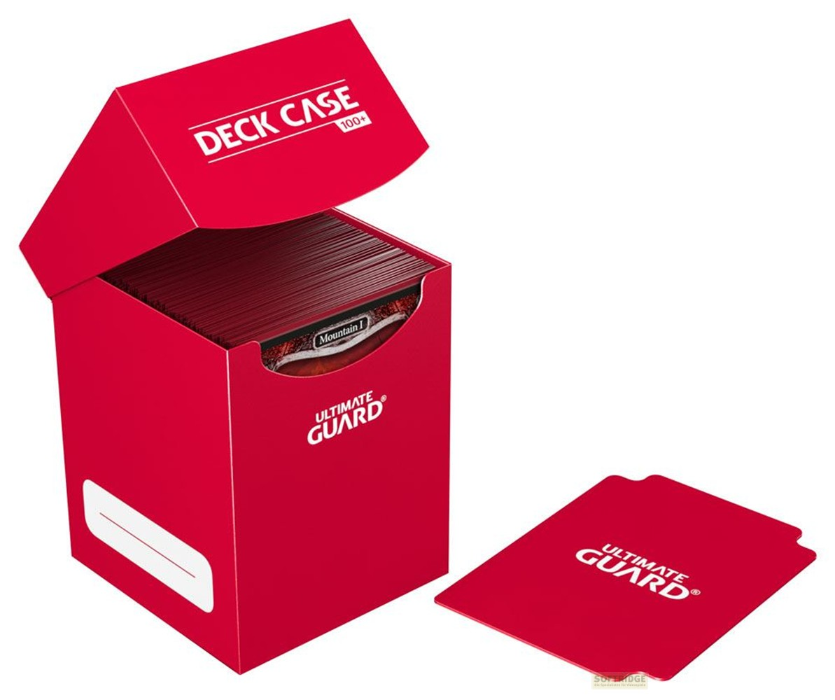 Boîte de pont rouge ouverte Ultimate Guard 100+ remplie de cartes et un séparateur à côté.