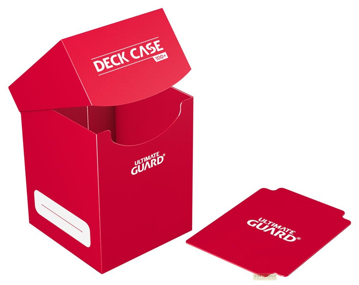 Boîte de deck Ultimate Guard rouge vif avec couvercle ouvert et carte de séparation sur fond blanc.