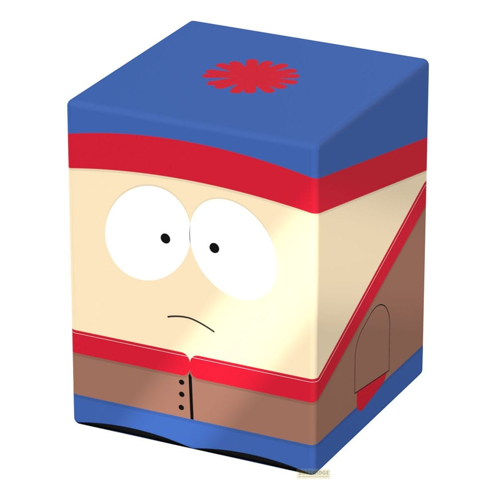 Une boîte de rangement rectangulaire représentant la tête de Stan Marsh de South Park, avec un bonnet bleu et une veste marron.