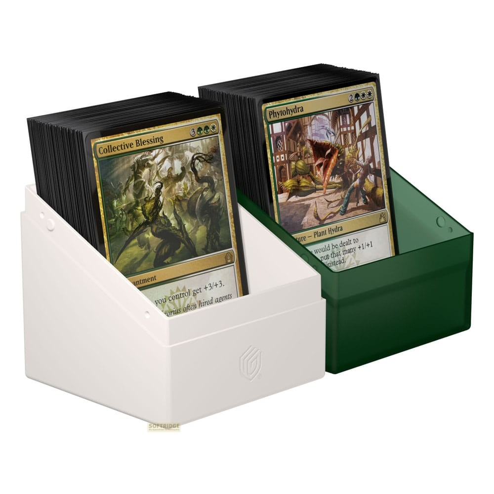 Deux boîtes de rangement contiennent des decks de cartes organisés, une boîte blanche à gauche et une verte à droite.