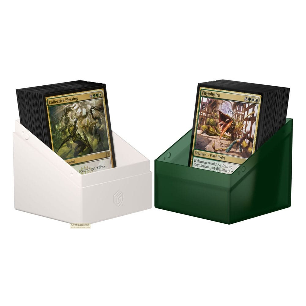 Deux boîtes de cartes Magic sur fond blanc, blanche à gauche, verte à droite.