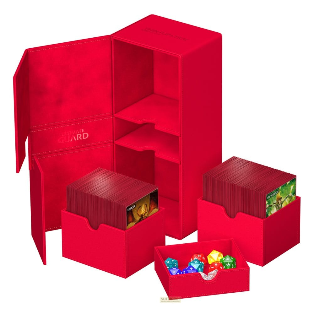 Boîte de deck Ultimate Guard rouge ouverte, avec deux decks de cartes et un petit plateau à dés.