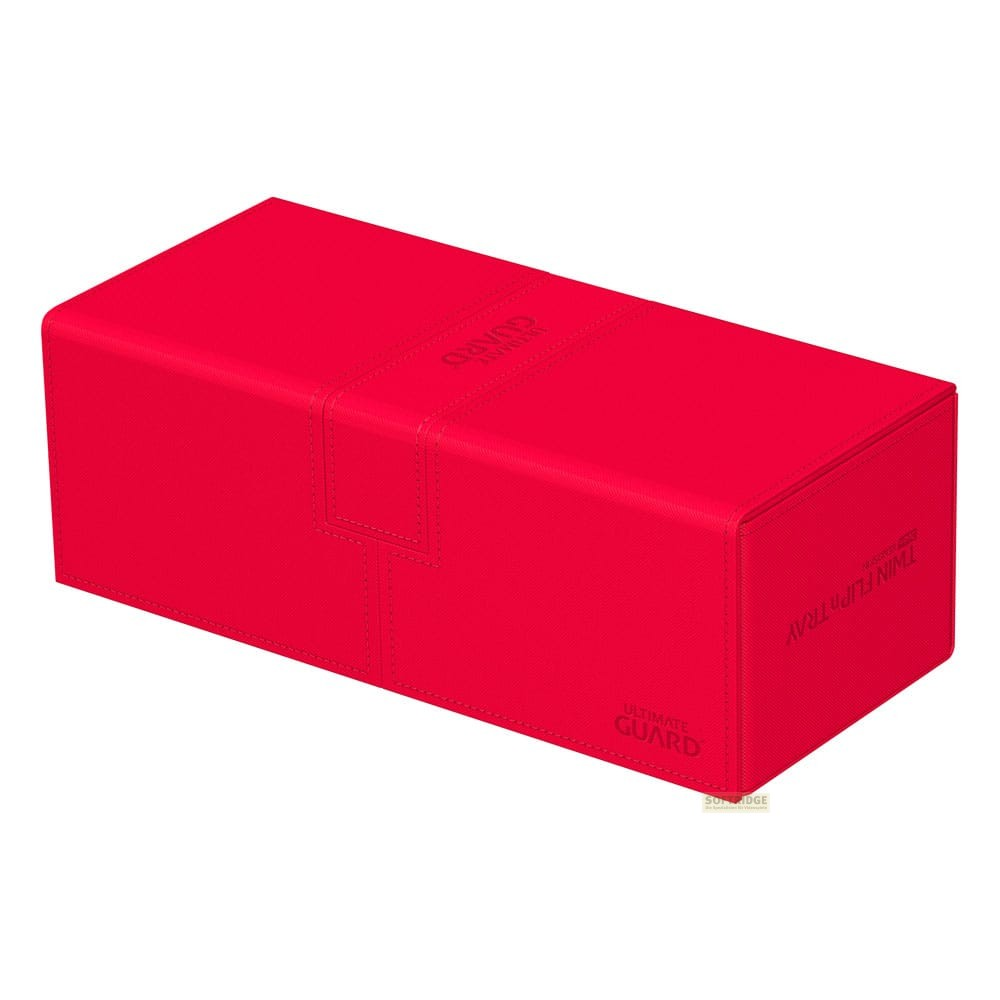 Une boîte rouge Ultimate Guard Twin Flip'n'Tray sur fond blanc.