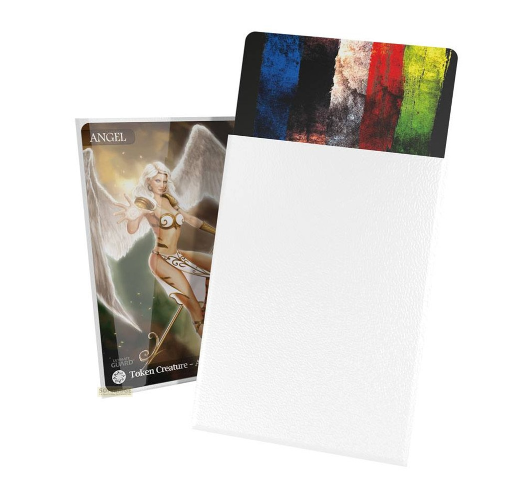 Un protège-carte blanc montre une carte d'ange et une carte avec des bandes de peinture colorées.
