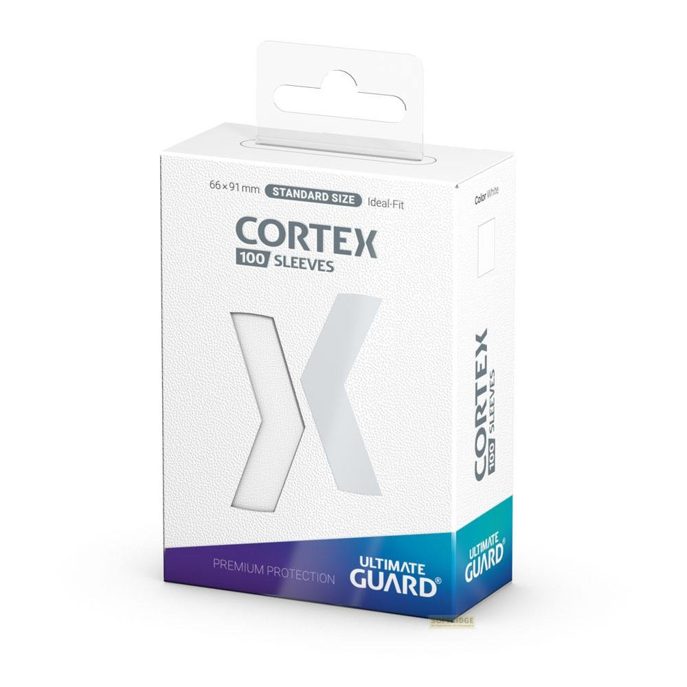Une boîte blanche de protège-cartes Ultimate Guard Cortex avec un grand X, sur fond blanc.