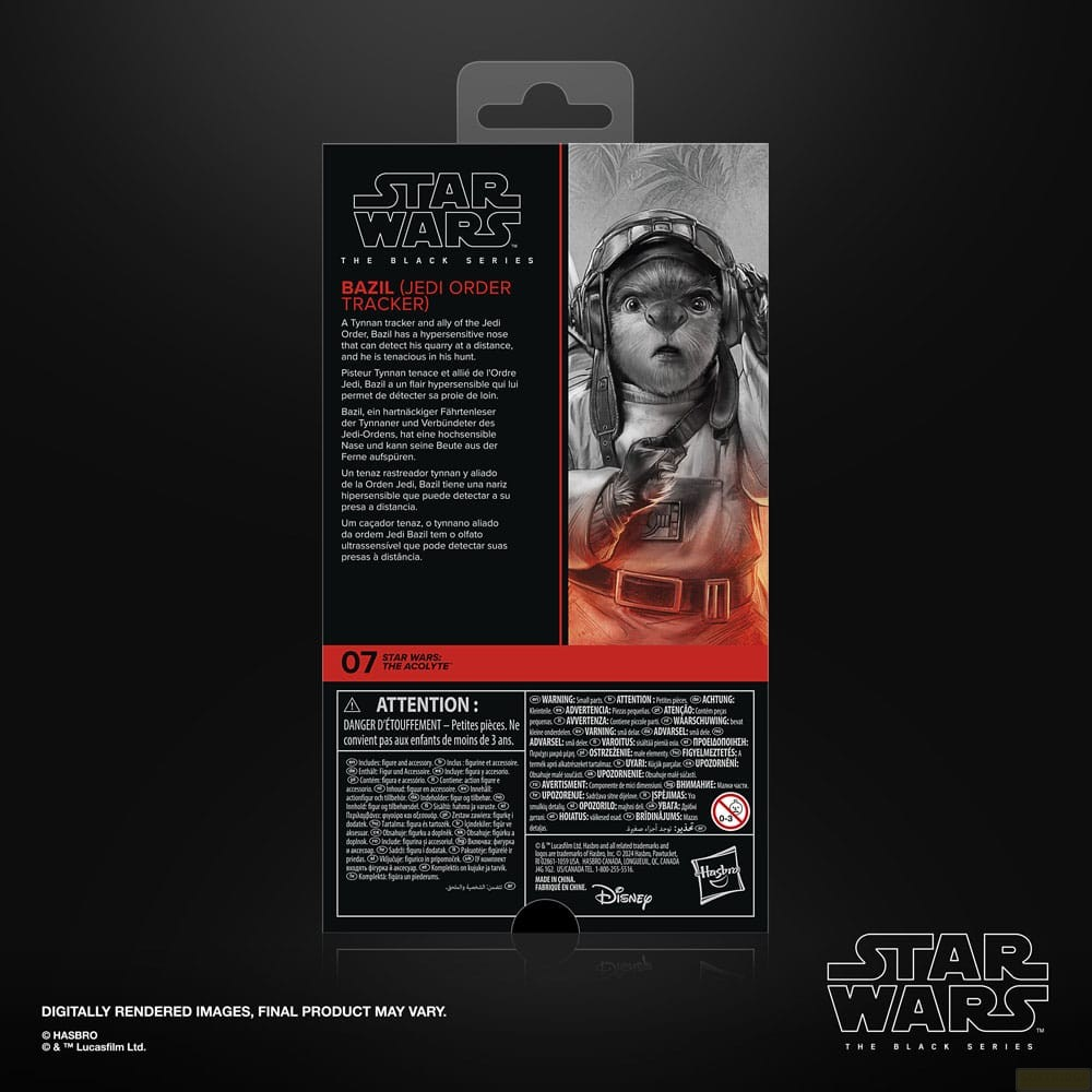 Parte trasera de un empaque Star Wars Black Series con la figura de Bazil, texto y advertencias.