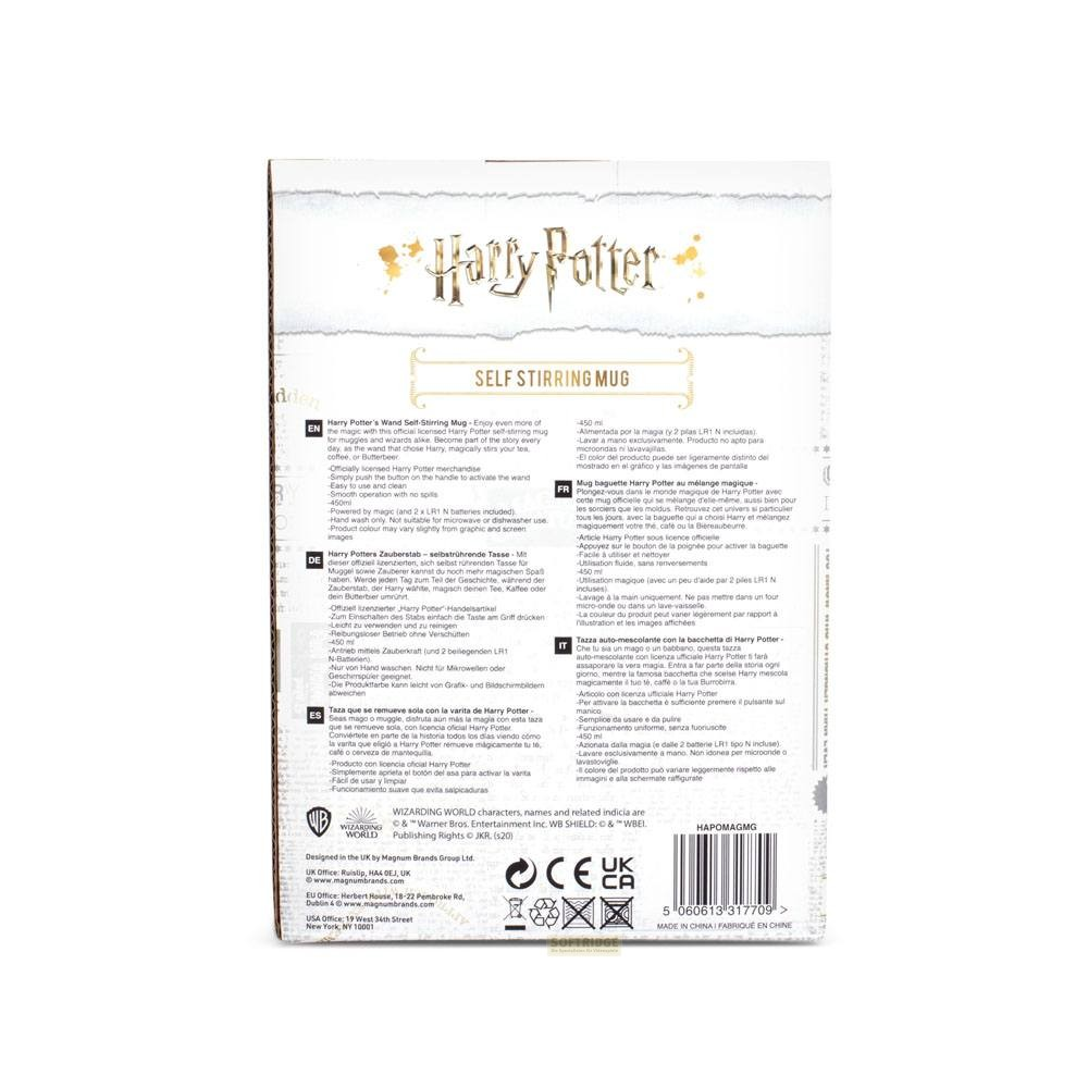 Embalaje de taza autoagitadora Harry Potter con información en varios idiomas y código de barras.