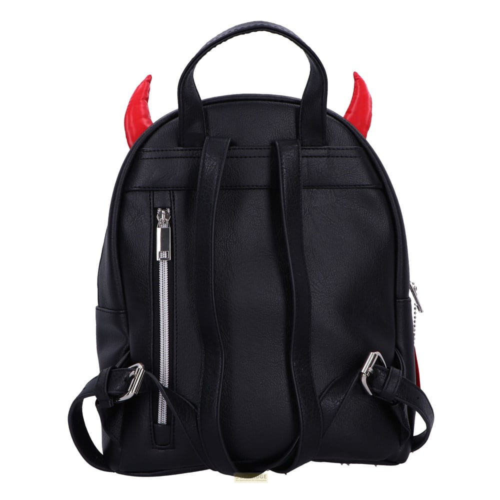 Ein schwarzer Rucksack mit zwei roten Hörnern, verstellbaren Schultergurten und einem vertikalen Reißverschluss.