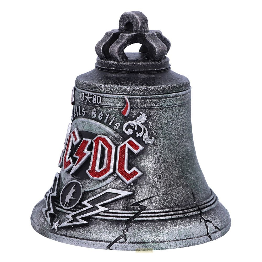 Una campana decorativa gris metálica de AC/DC Hells Bells con letras rojas y detalles de rayos.
