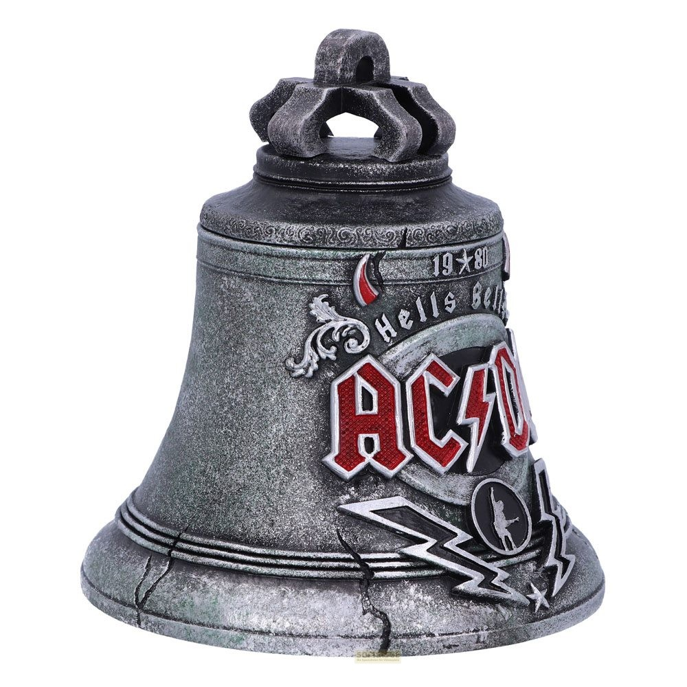 Una réplica gris y desgastada de AC/DC Hells Bells presenta letras rojas, rayos y una parte superior en forma de corona.