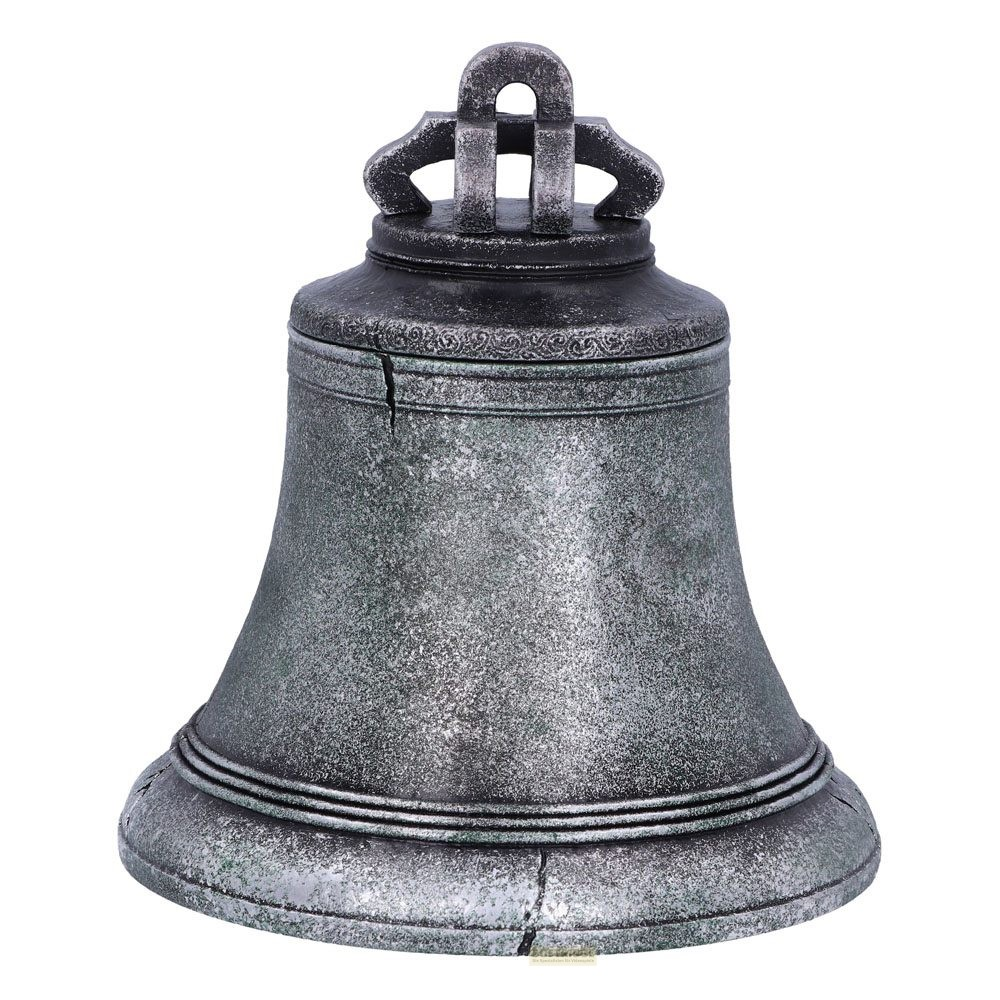 Una campana de metal gris y negro antiguo con patrones decorativos y una corona colgante sobre fondo blanco.