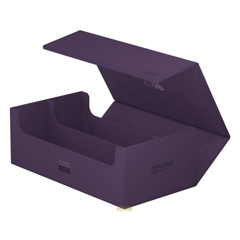 Une boîte de cartes ARKHIVE Xenoskin violette ouverte avec couvercle sur fond blanc.