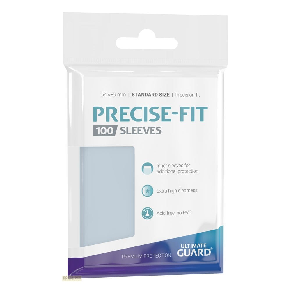 Un paquet plastique transparent de 100 protège-cartes Ultimate Guard Precise-Fit sur fond blanc.