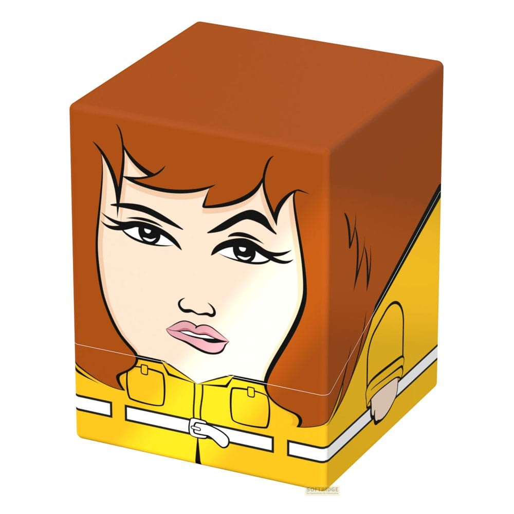 Une boîte carrée jaune avec le visage de dessin animé d'une femme rousse à l'expression sérieuse.