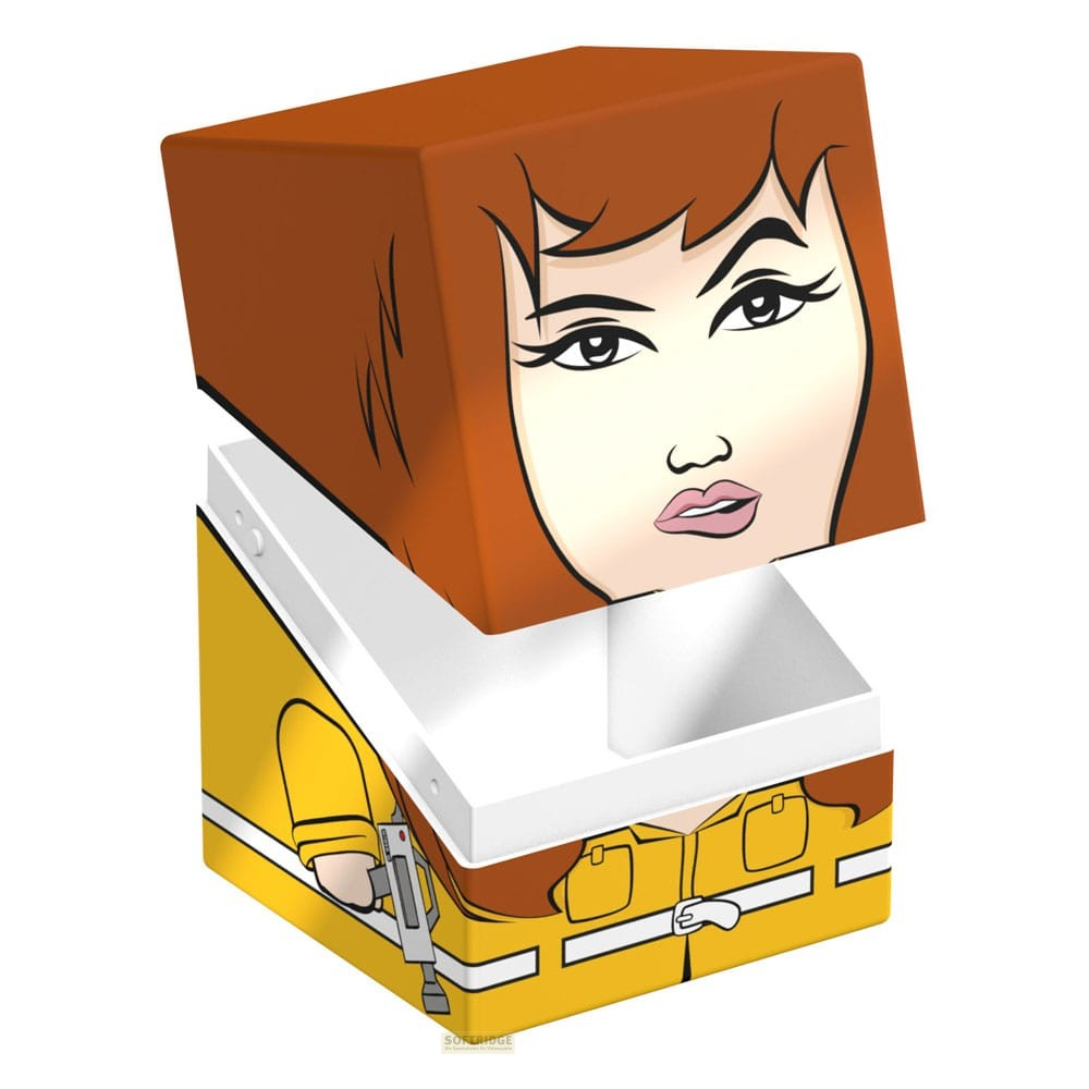 Une boîte stylisée présente le visage d'une femme sur le couvercle et une tenue jaune sur la base.