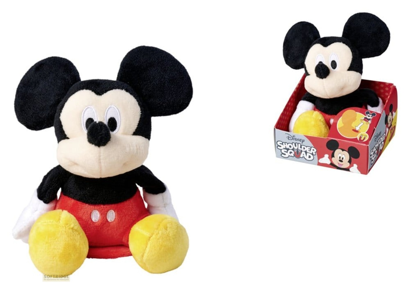Peluche de Mickey Mouse con pantalones rojos y zapatos amarillos, junto a él en un empaque de Disney.