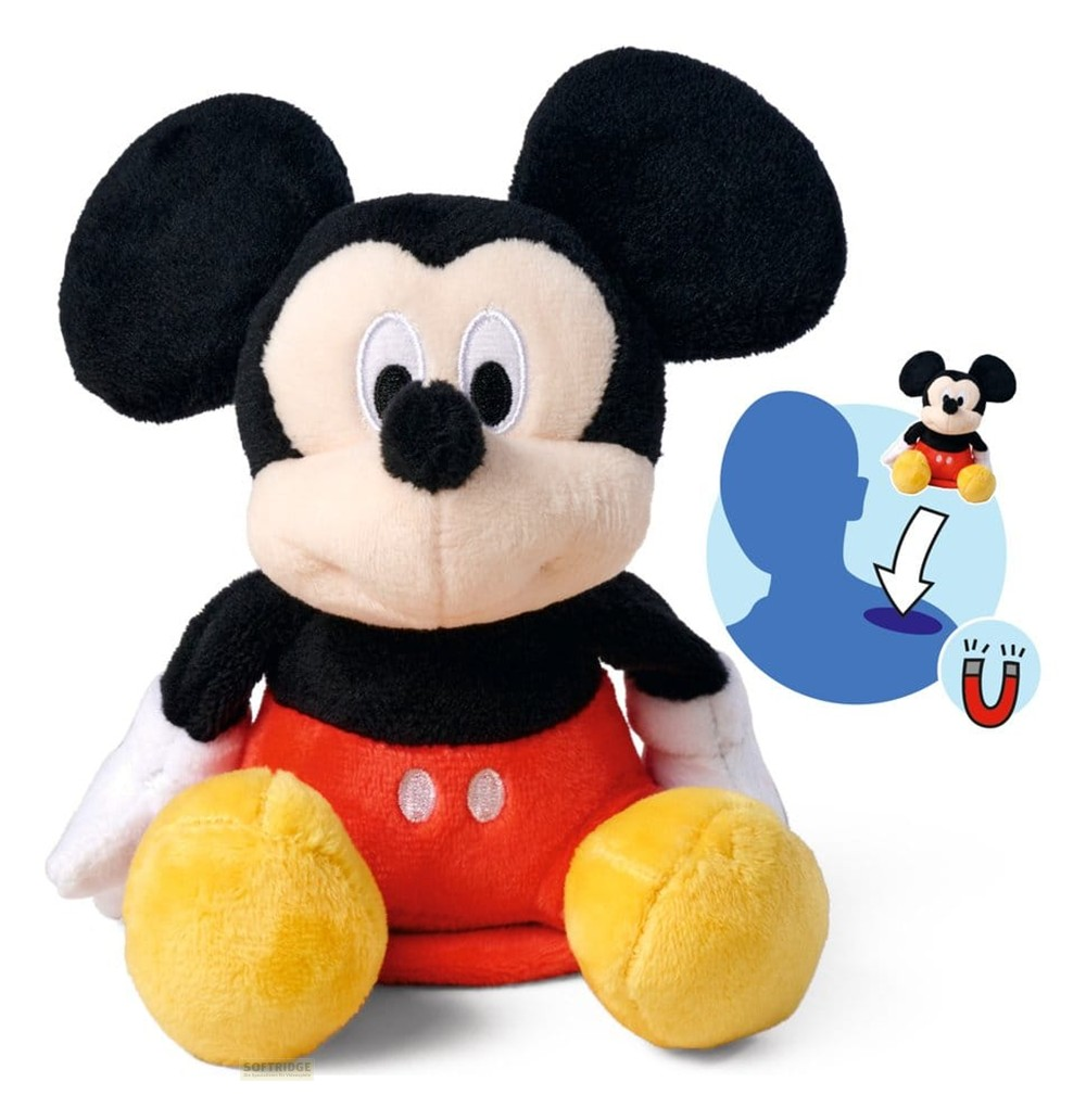 Peluche de Mickey Mouse con pantalones rojos, zapatos amarillos y un icono que muestra la sujeción magnética en el hombro.