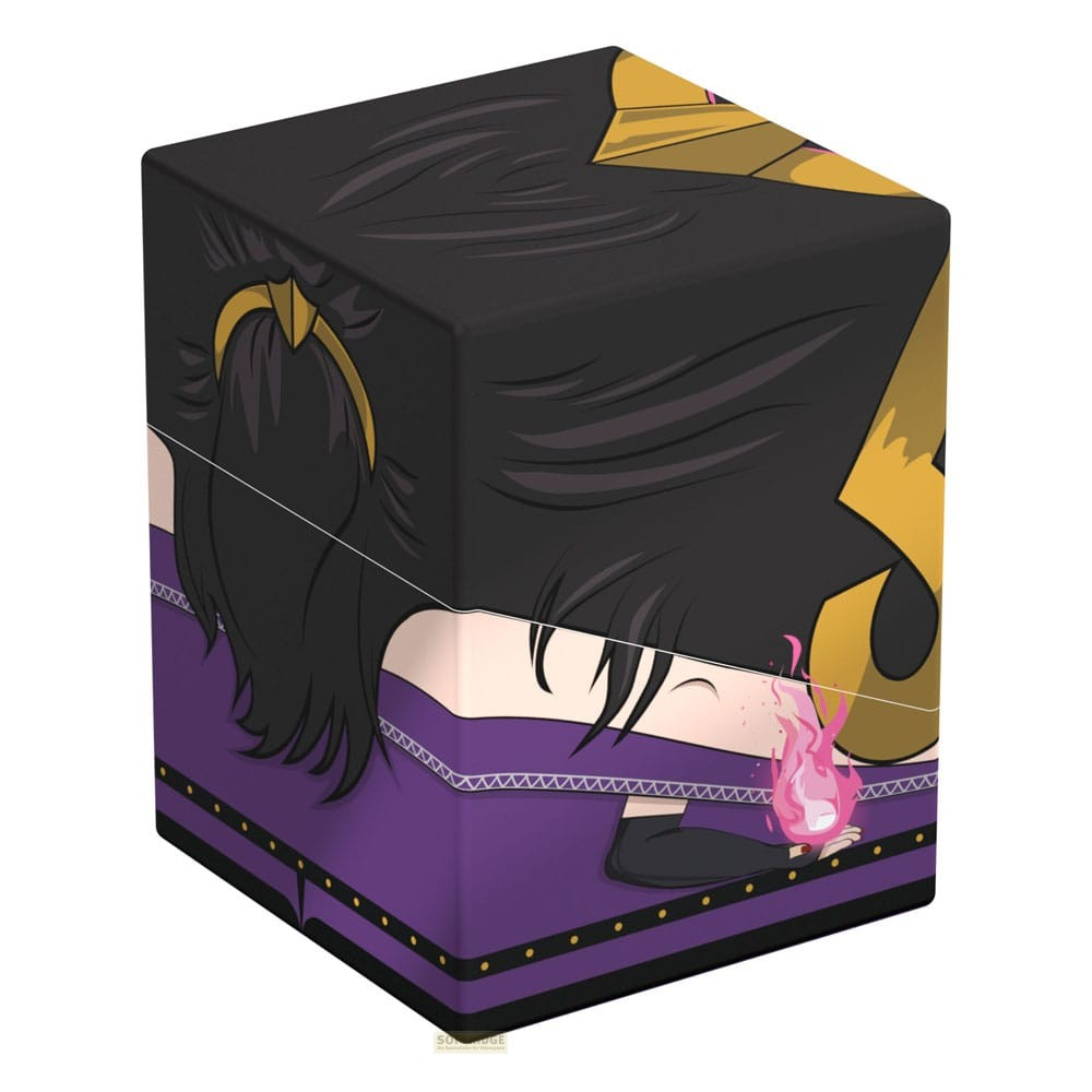 Une boîte de jeu montrant un personnage aux cheveux noirs et robe violette tenant du feu rose.