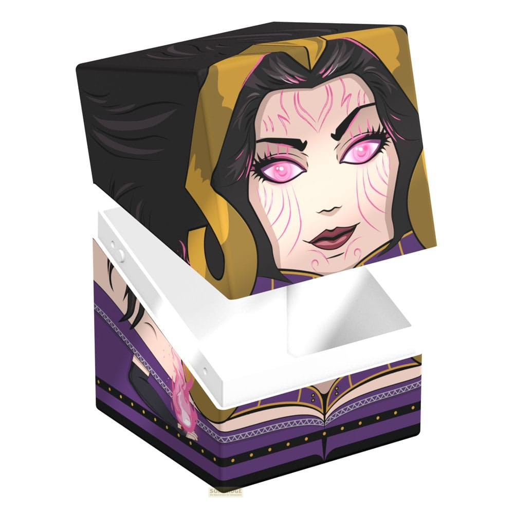 Une boîte noire et violette illustrant une femme aux yeux roses et aux motifs faciaux.